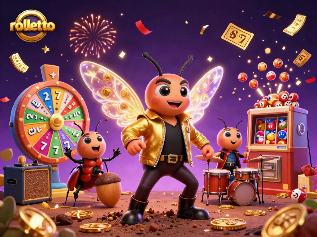 Experience rolletto's exciting casino world with rock star characters amidst vibrant slot reels and golden ticket confetti.