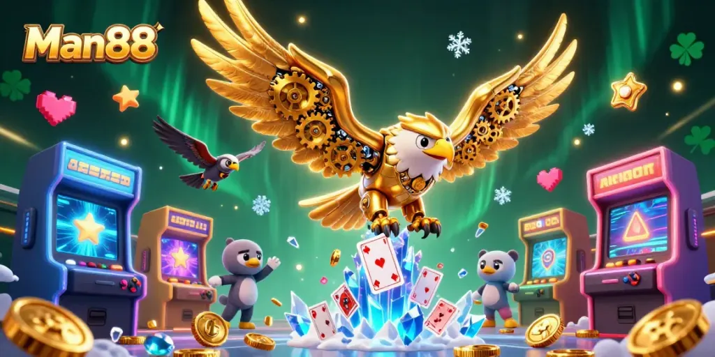 Experience thrilling gameplay at Man88 with an ultra-detailed 3D cybernetic eagle amidst casino elements.