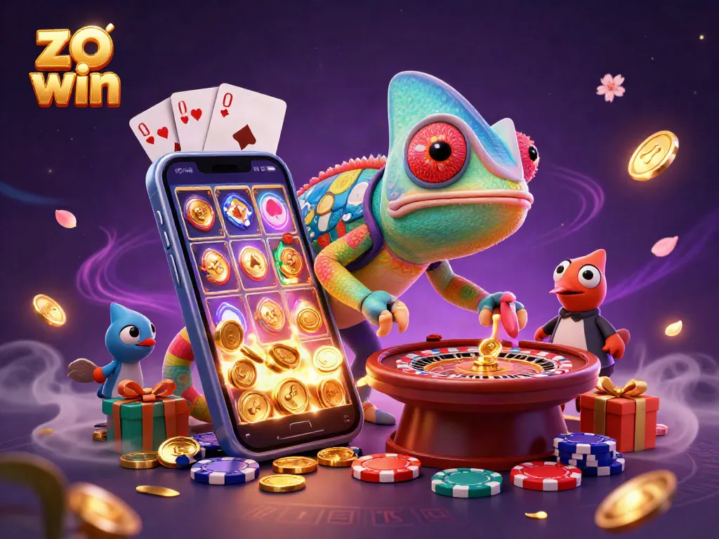 Experience the thrilling "zo win" casino adventure with a vibrant 3D chameleon surrounded by dynamic gaming elements.