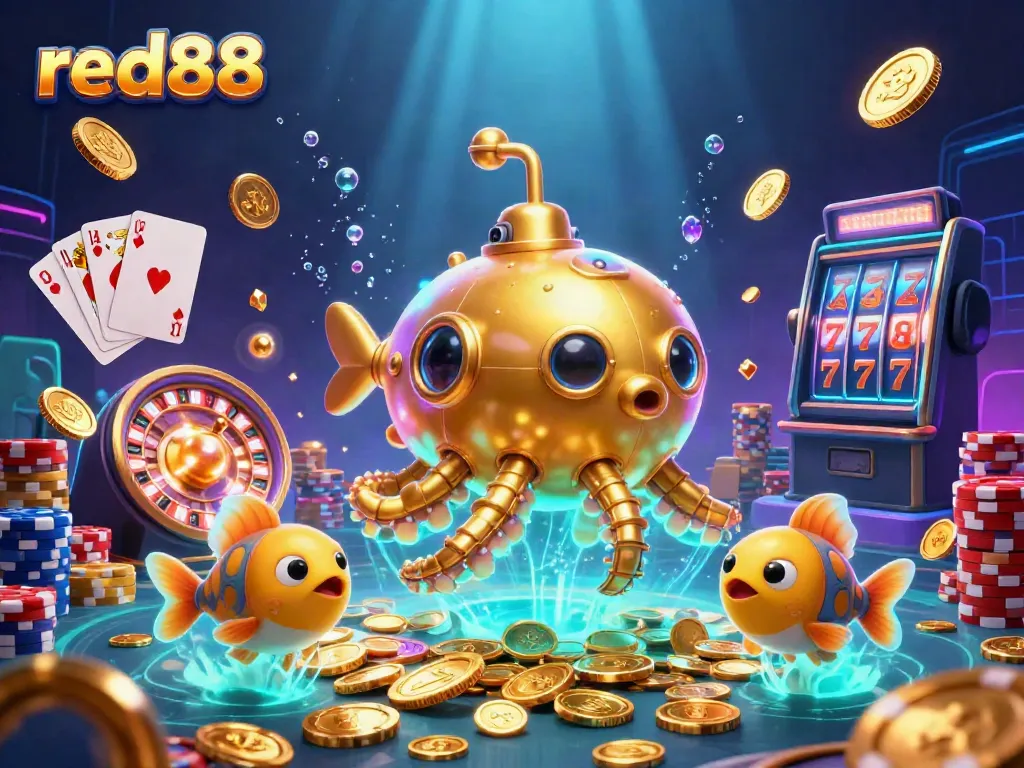 Experience thrilling gameplay with red88 in a vibrant 3D casino world filled with golden coins and exciting rewards.
