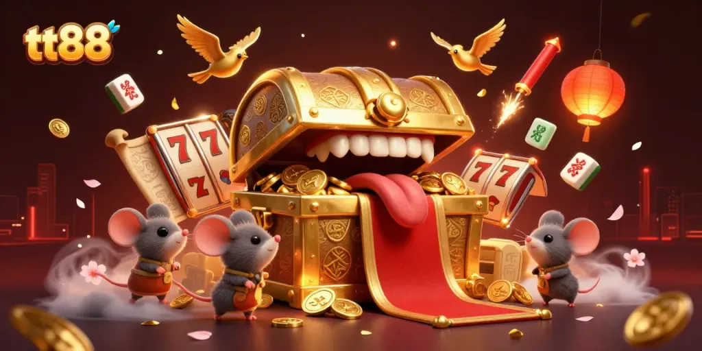 Experience elite gaming at tt88 with a dynamic casino-themed illustration showcasing riches and adventure.