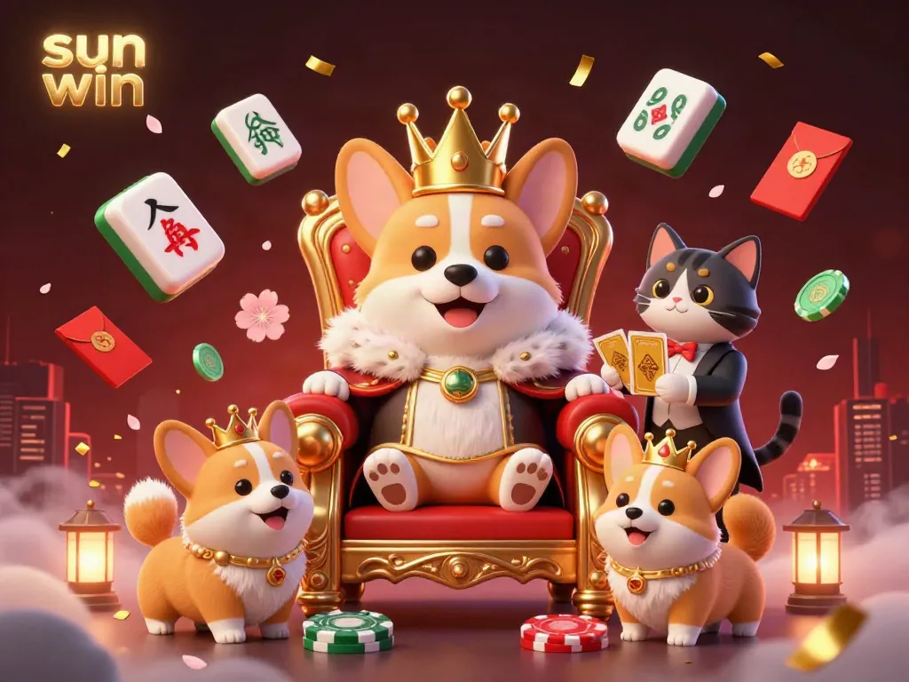 Experience sun win with 3D royal corgi on a poker throne, cat butler, and rich casino elements.