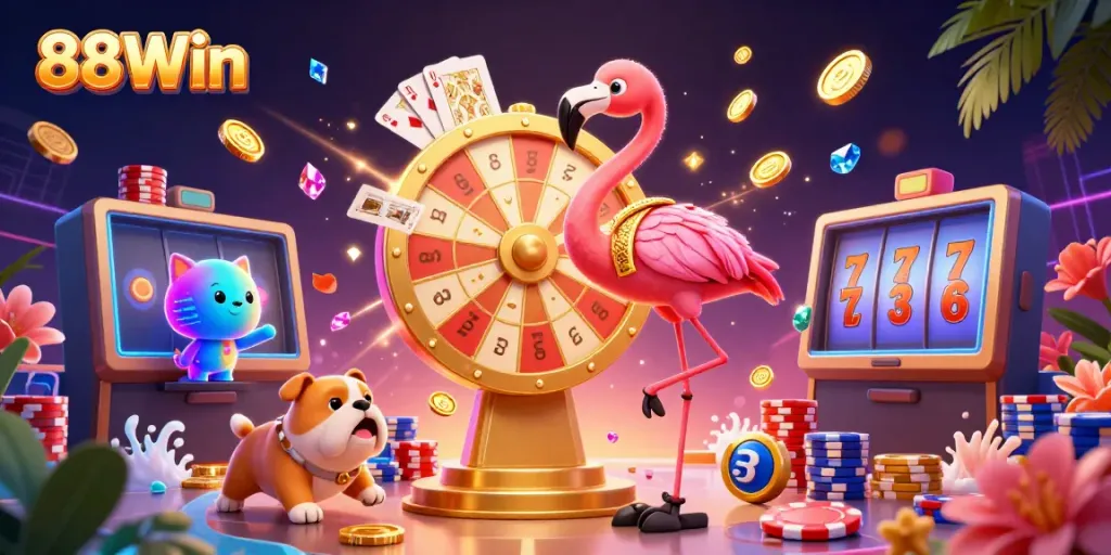 Engage with the exciting atmosphere of 88Win, featuring playful characters, a golden prize wheel, and vibrant casino elements.