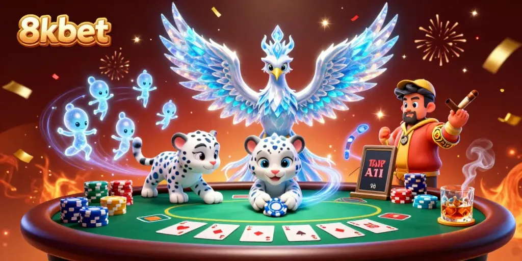 Experience thrilling moments with 8xbet's vibrant casino scene featuring a phoenix and poker action.