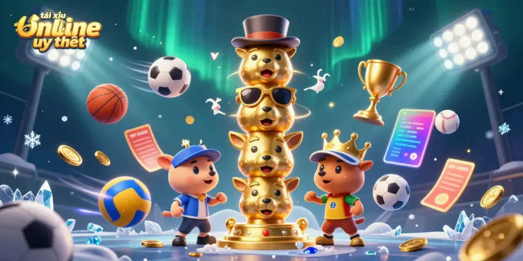Engage in tài xỉu online uy tín with this vibrant 3D illustration showcasing lively casino characters and sports elements.
