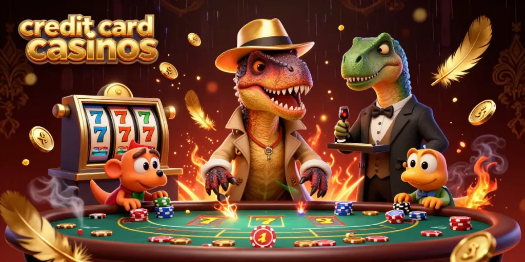 Enjoy the excitement of credit card casinos with a velociraptor card counter in a humorous casino scene.
