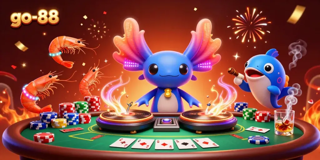 Experience go-88's vibrant casino atmosphere with axolotl DJ and energetic sea creatures.