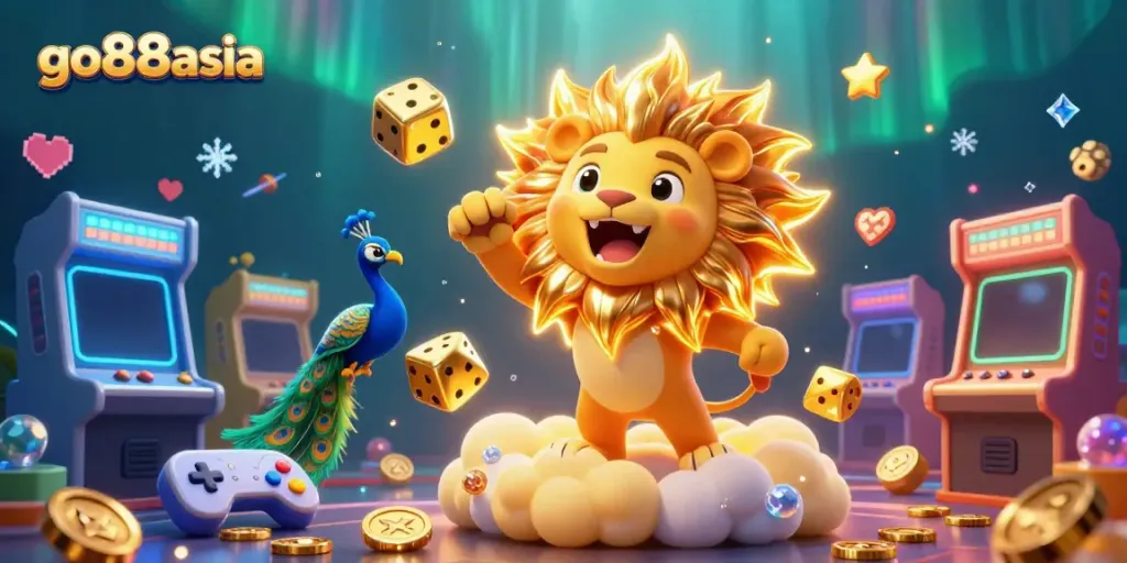 Engage with go88asia as a colorful online casino adventure featuring vibrant characters and gaming elements.