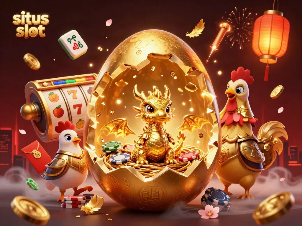 Experience thrilling gameplay at situs slot with a golden baby dragon emerging from an egg amidst vibrant casino elements.
