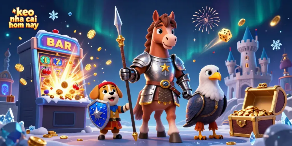 Experience the excitement of keo nha cai hom nay with knights and slot machines in a dynamic scene.
