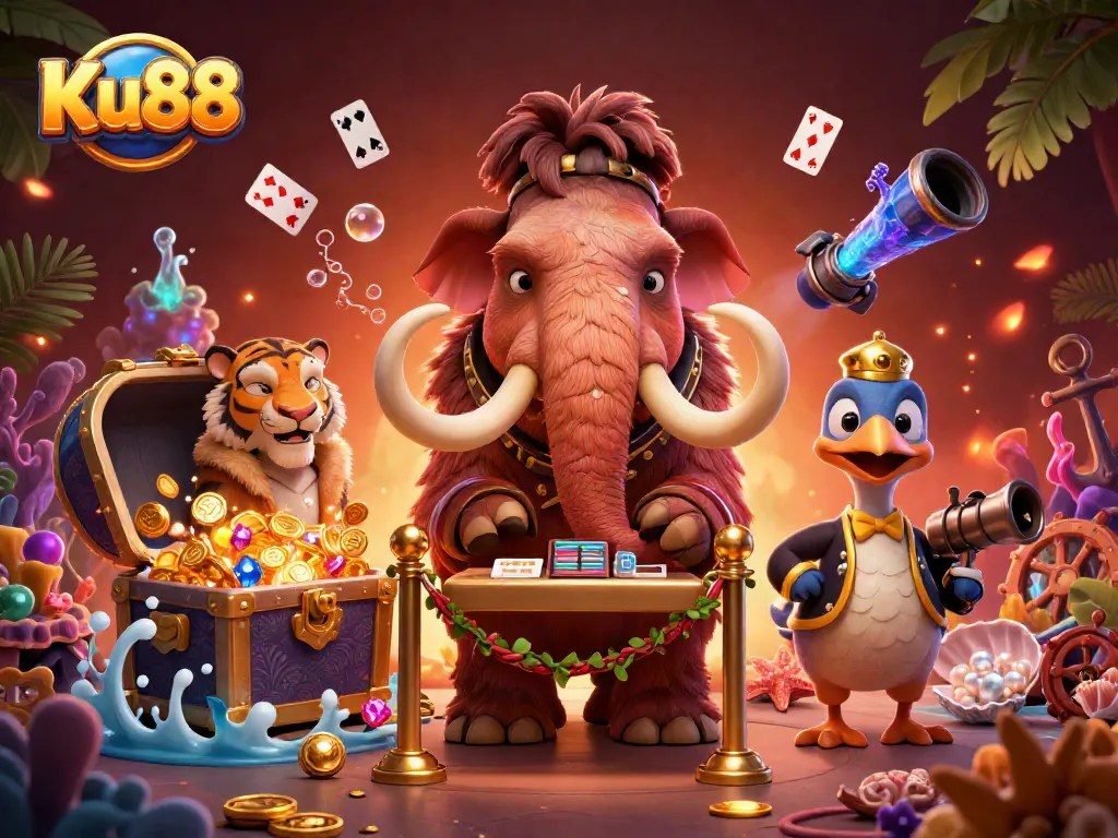 Experience the vibrant energy of Ku88's casino world with animated characters and sparkling treasures.
