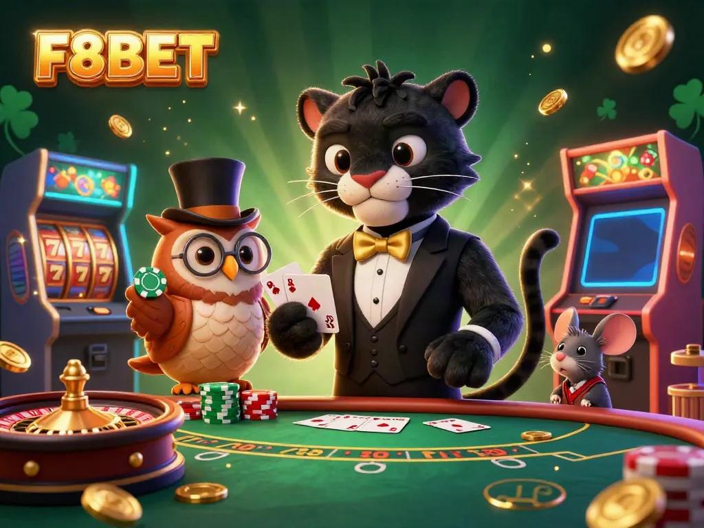 Engage with thrilling gameplay at F8BET, featuring a stylish panther dealer and colorful casino elements.