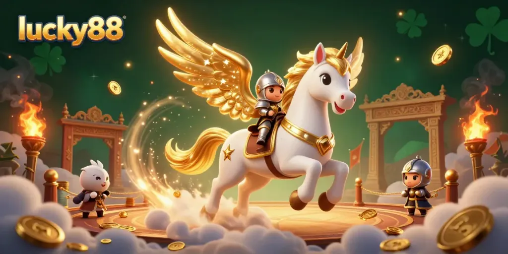 Engage with lucky88 for a vibrant experience featuring a celestial stallion and knight in a dynamic casino atmosphere.