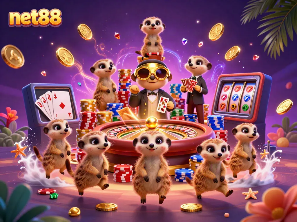 Join the fun at net88's lively casino with meerkats dealers and golden coins cascading everywhere.