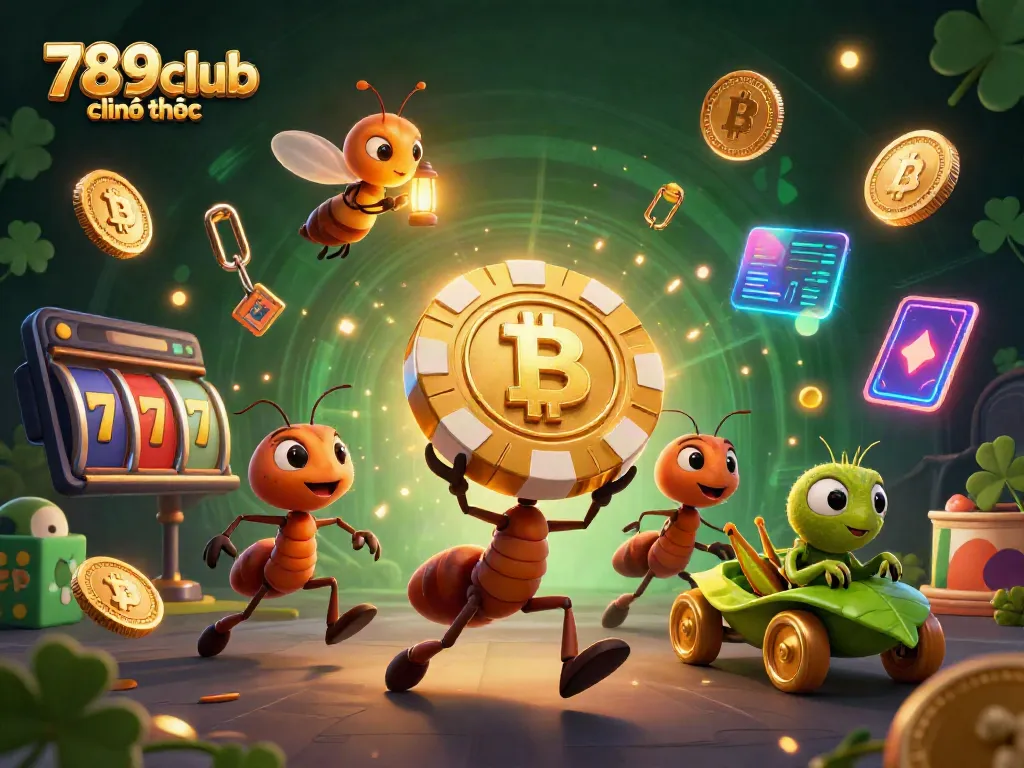 Experience the vibrant action of 789club chính thức with cartoon ants carrying a golden poker chip in a casino heist.