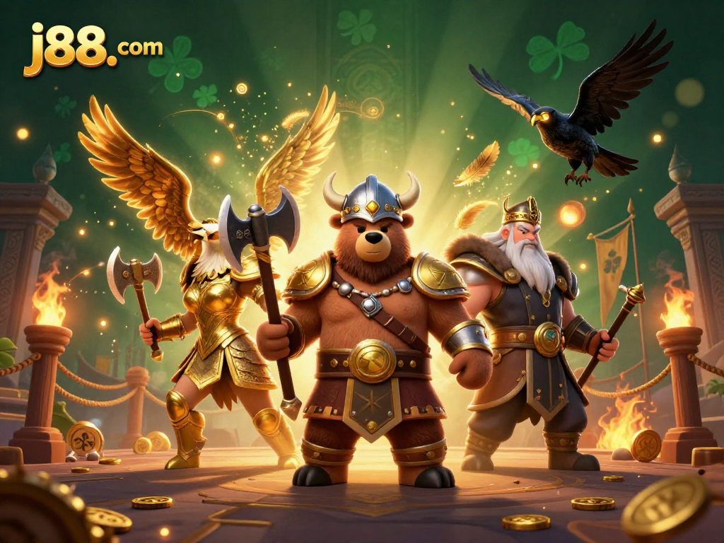 Experience thrilling action at j88. com with a Viking berserker and Valkyrie eagle in a vibrant casino setting.