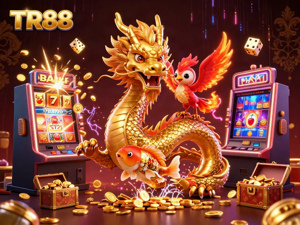 Engage in thrilling slot action with TR88's 3D dragon, phoenix, and koi fish in a casino scene.