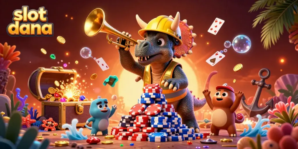 Experience the thrill of slot dana games as triceratops builds poker chip pyramid amidst a vibrant celebration.