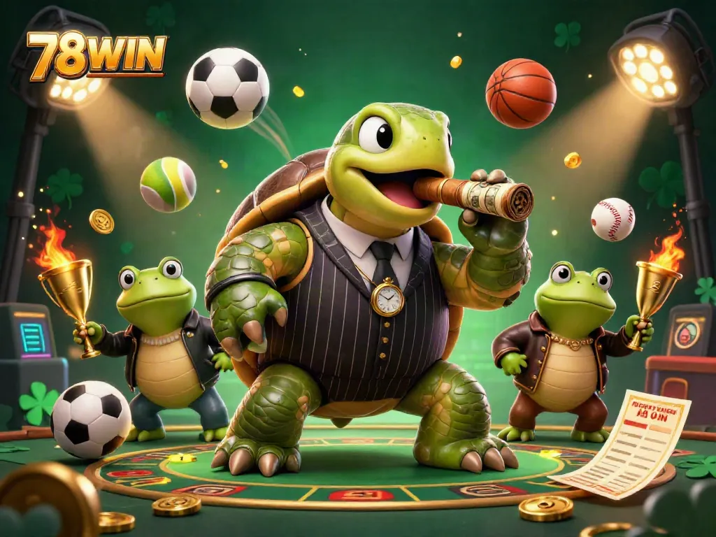 Engage with vibrant action at 78WIN featuring a snapping turtle and bullfrog enforcers on a lively casino floor.