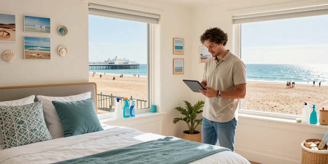 Brighton Airbnb management scene with a host preparing a coastal rental for guests, showcasing inviting decor and a sunny beachfront view.