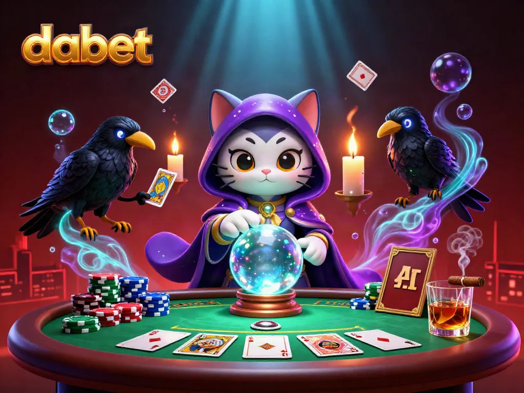 Engage in thrilling gambling experiences at dabet with an ultra-detailed casino scene featuring a mystic cat, poker chips, and illuminated characters.