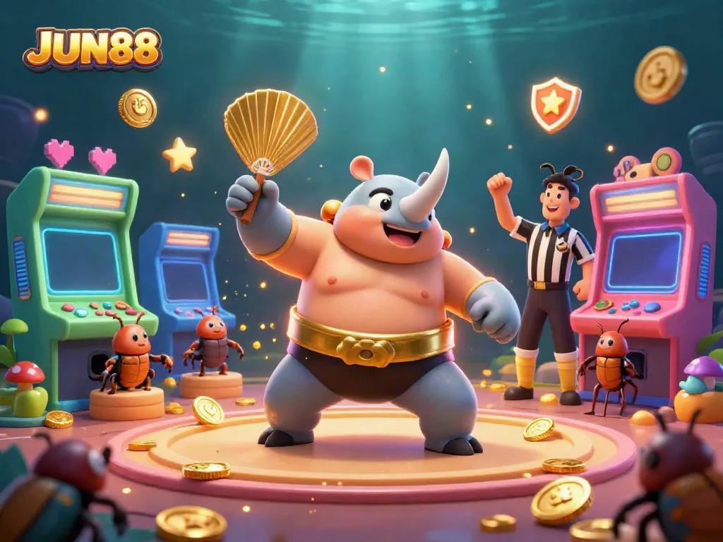 Experience the thrill of JUN88 with a 3D beetle champion amidst golden coins and vibrant gaming elements.