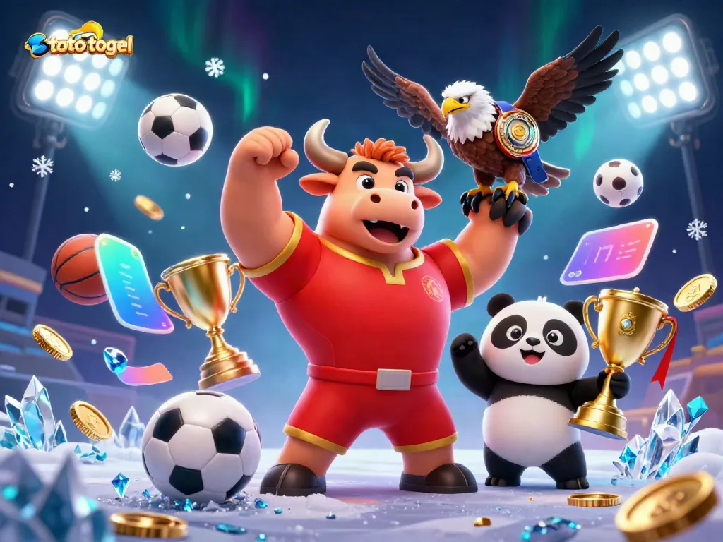 Win big with toto togel in this vibrant 3D casino scene featuring sporty characters celebrating success.