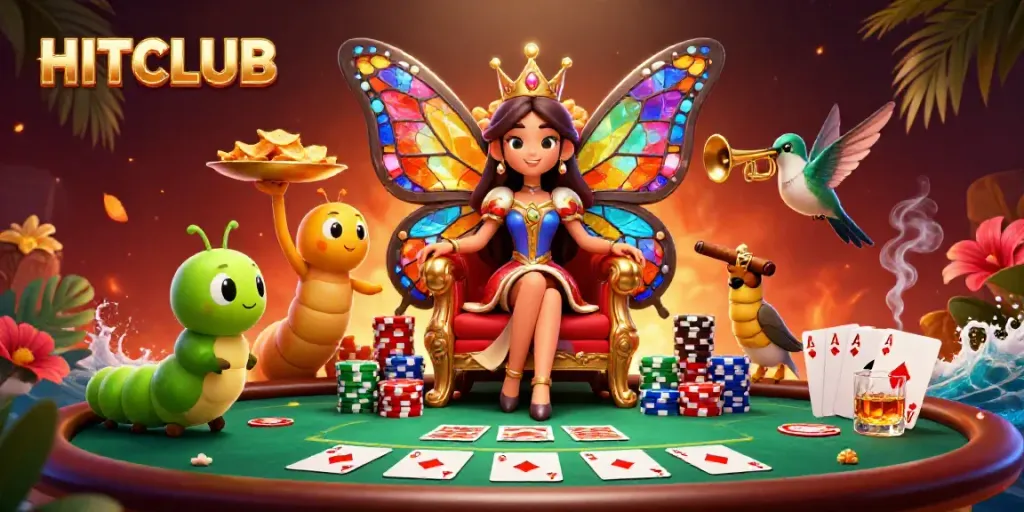 Experience the HITCLUB gaming adventure with a vibrant illustration of a butterfly queen surrounded by poker excitement.
