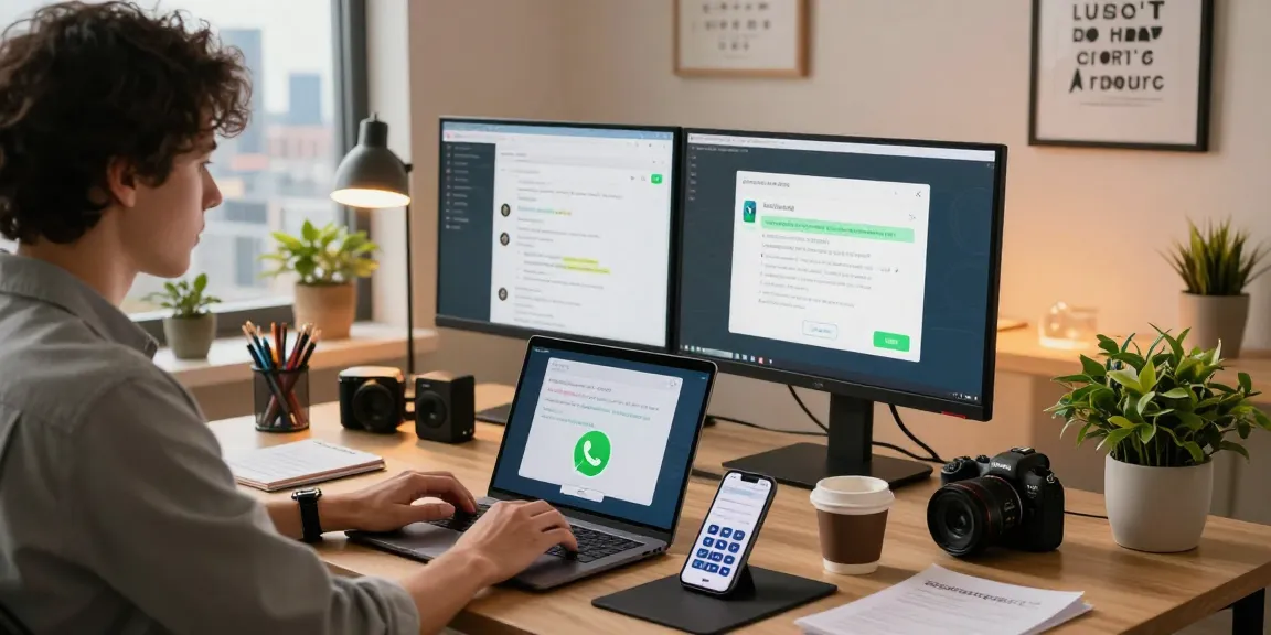 Download WhatsApp下載 on a smartphone amidst a modern urban workspace setup.