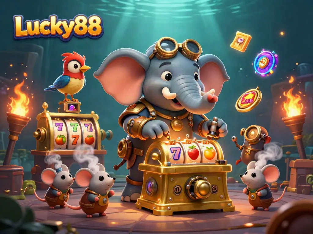 Experience thrilling gaming action with Lucky88's engaging atmosphere featuring a steampunk elephant operating a slot machine.