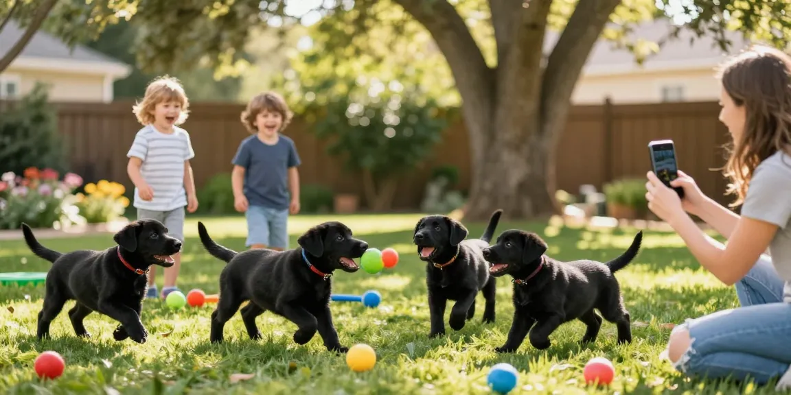 Playful scene showcasing black lab breeders with joyful puppies and happy family interaction
