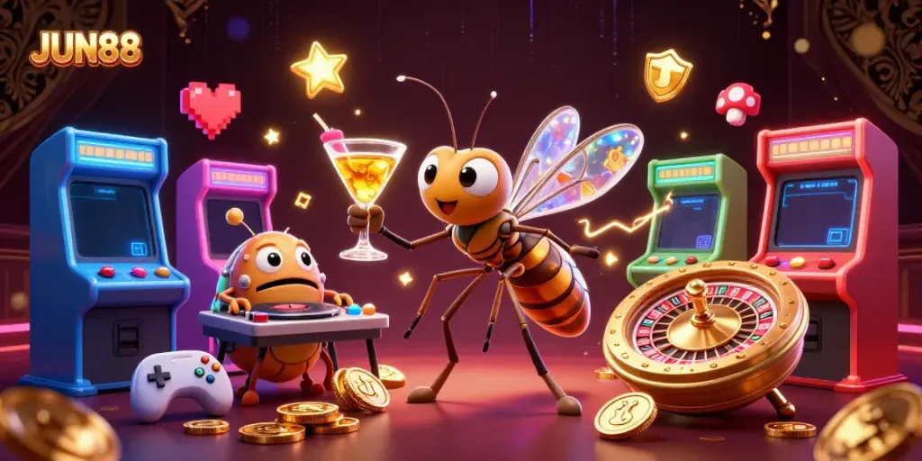 JUN88 casino mascot bringing excitement with vibrant gaming elements and golden casino themes.