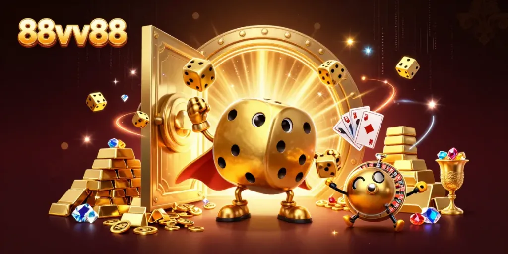 88vv88 illustrates a vibrant casino scene with golden dice and treasure elements, showcasing high-stakes gaming action.