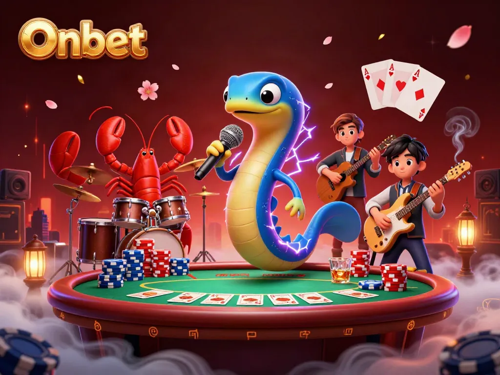 Onbet junket with an electric eel DJ, lobster drummer, and seahorse guitarist in a vibrant underwater casino