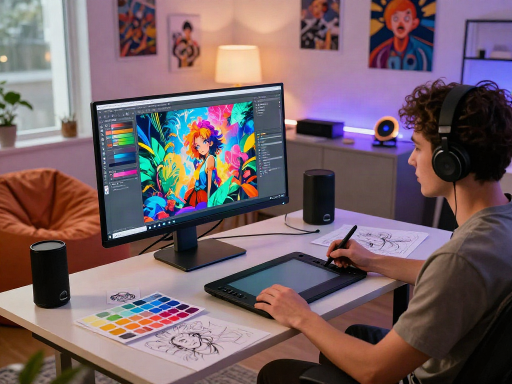 Digital artist creating nsfw ai graphics in a vibrant studio.