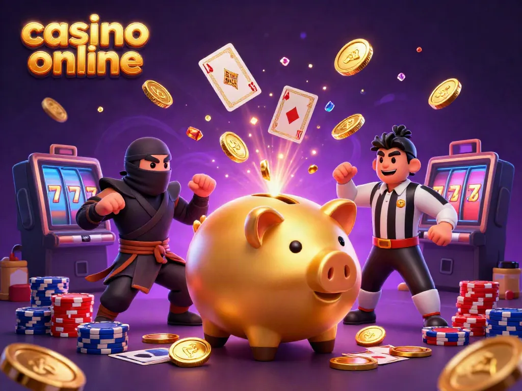 Experience the excitement of casino online with a dynamic illustration featuring a golden piggy bank sumo wrestler and vibrant casino elements.