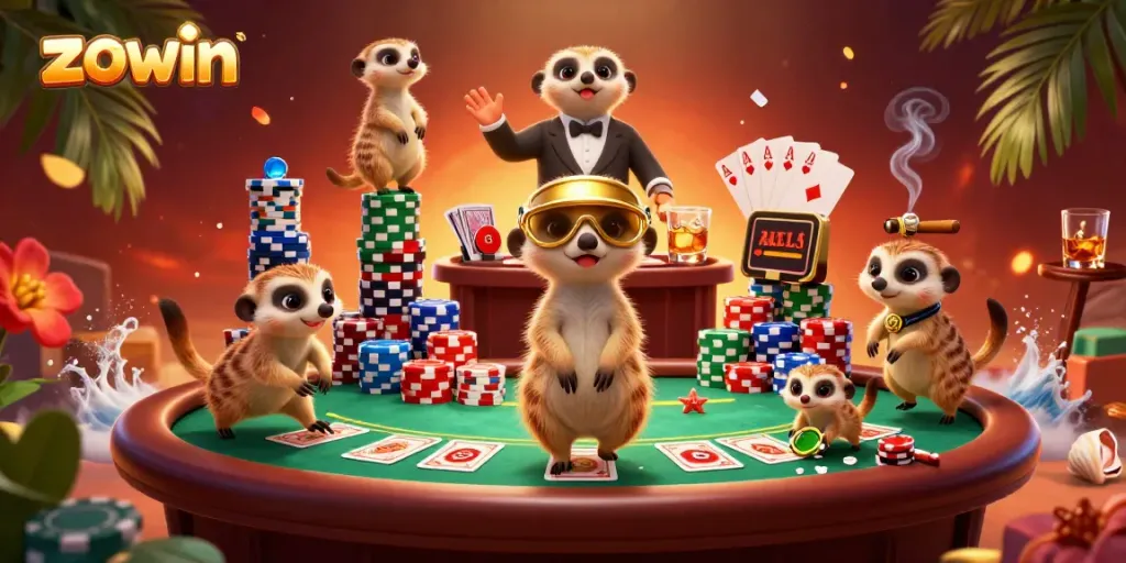Zowin meerkats host a vibrant casino scene with poker elements, lively atmosphere, and colorful chips.