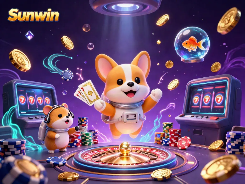 Experience the excitement of Sunwin with this vibrant casino scene featuring whimsical characters and dazzling elements.