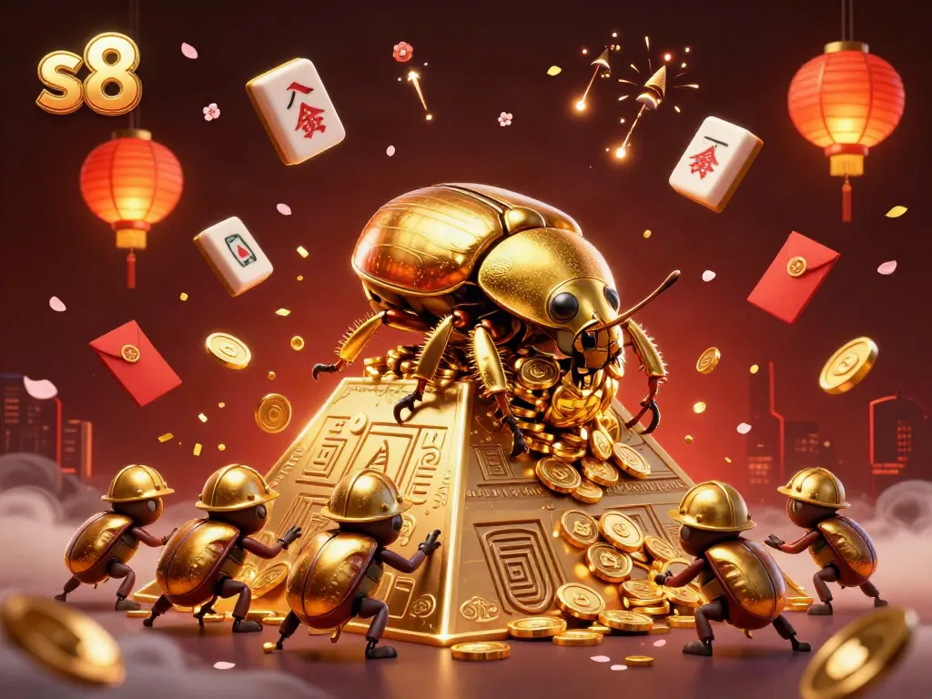 Experience the excitement at s8 with a vibrant 3D scene featuring a golden beetle rolling coins in a casino-themed pyramid.