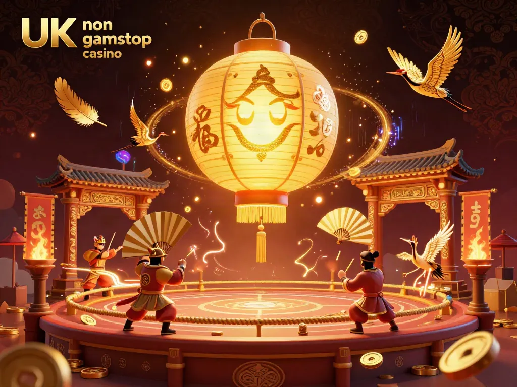 Explore an ultra-detailed 3D scene representing a UK non gamstop casino, showcasing vibrant characters and gambling elements.