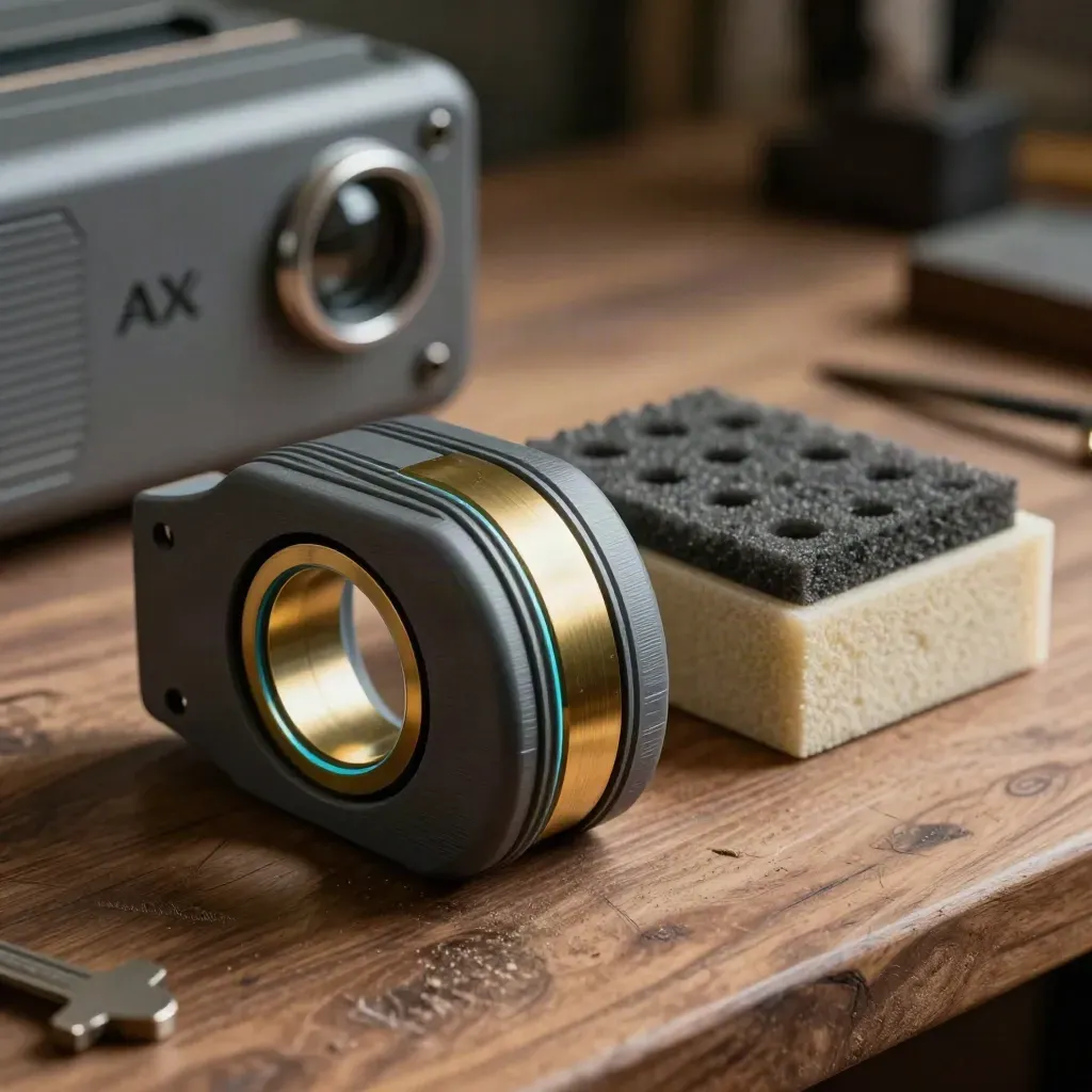 Prototype enclosure, brass ring and foam insert on a warm walnut workbench.