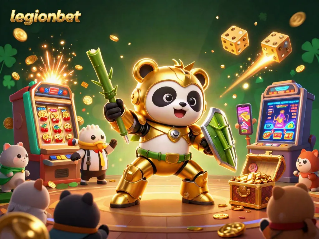 Experience thrilling gameplay at legionbet with a dynamic mech-suit panda and lively casino elements.