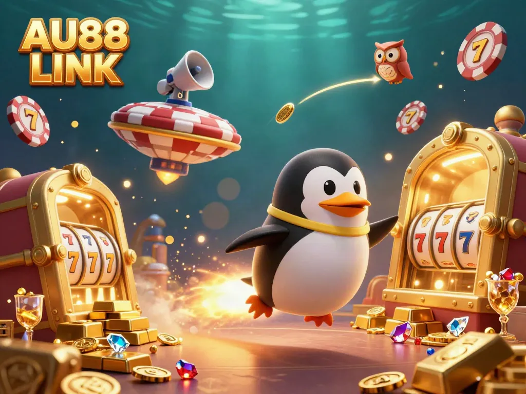 Experience winning thrills at AU88 LINK with a dynamic casino scene featuring a penguin and gemstones.