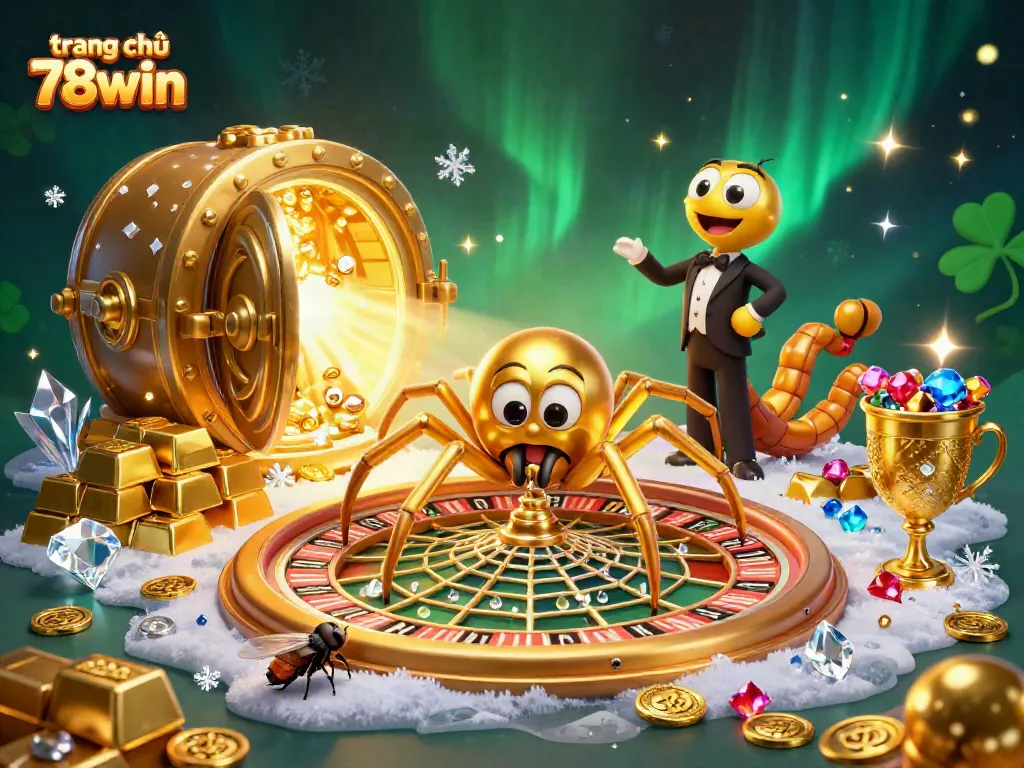 Engaging illustration of trang chủ 78win scene with a golden spider and croupier, showcasing vibrant casino elements.