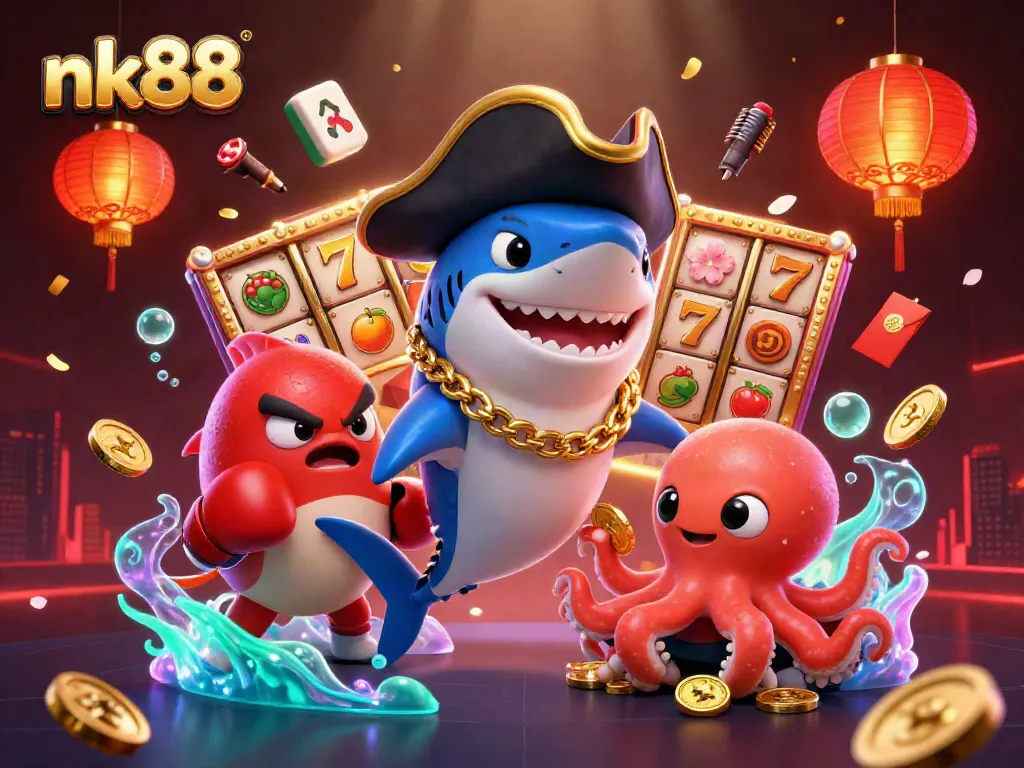 Engage in thrilling casino action with nk88 featuring a pirate shark, pufferfish, and octopus surrounded by vibrant slot reels.
