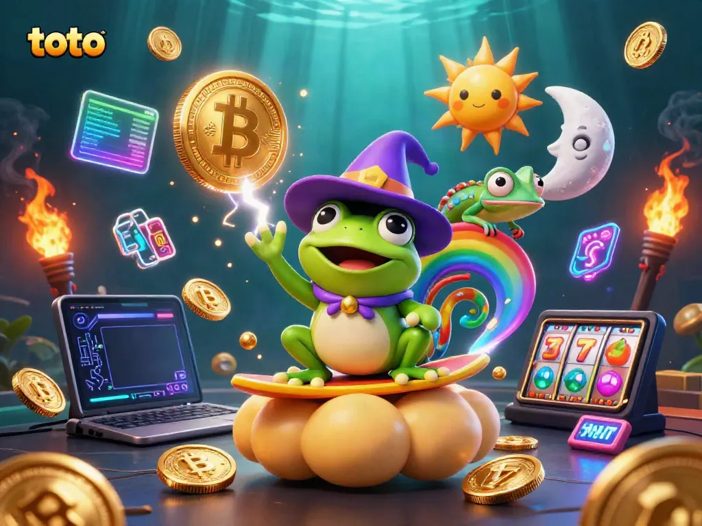 Engage with toto slots through a vibrant 3D scene of a wizard frog and chameleon amid gold coins and casino elements.