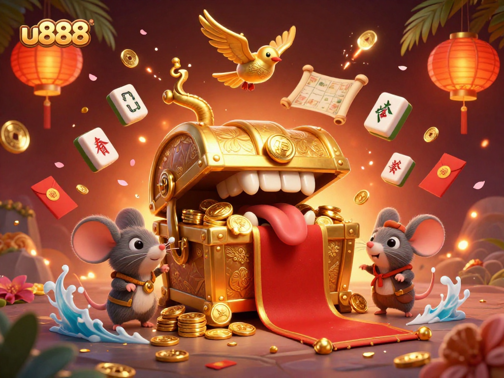 Engage in exciting gameplay with u888, featuring a vibrant casino scene with a golden treasure chest and dynamic game elements.