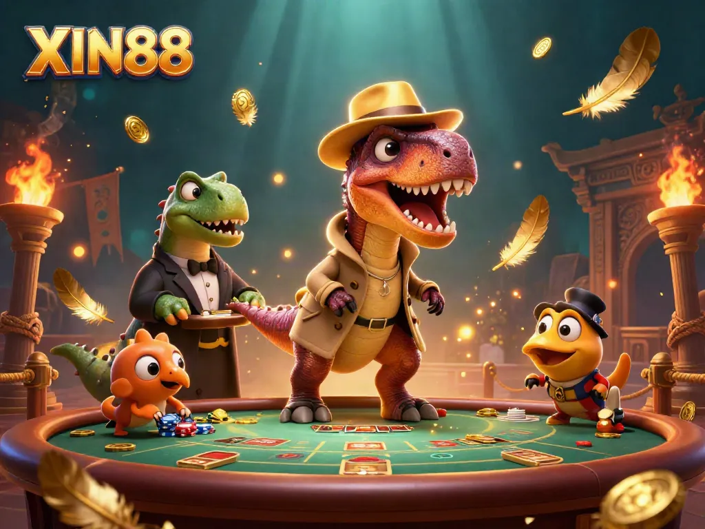 XIN88 features a velociraptor card counter in disguise at a blackjack table, surrounded by rich casino elements.