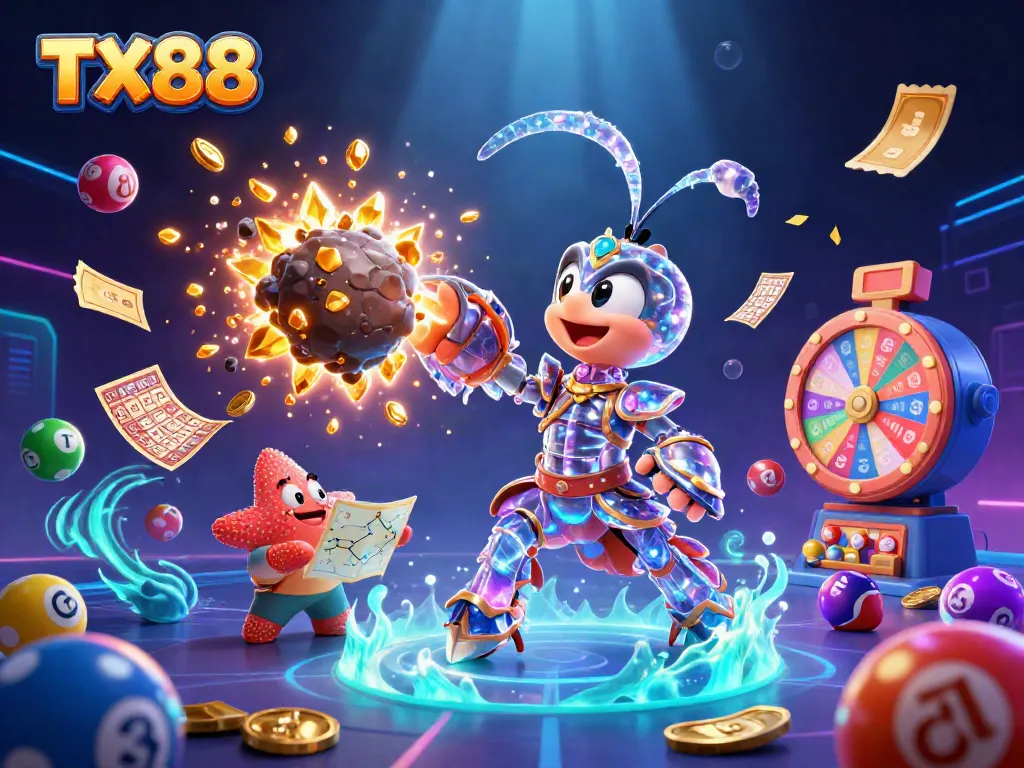 Engage with TX88's thrilling gambling opportunities in a vibrant 3D illustration featuring dynamic casino elements.