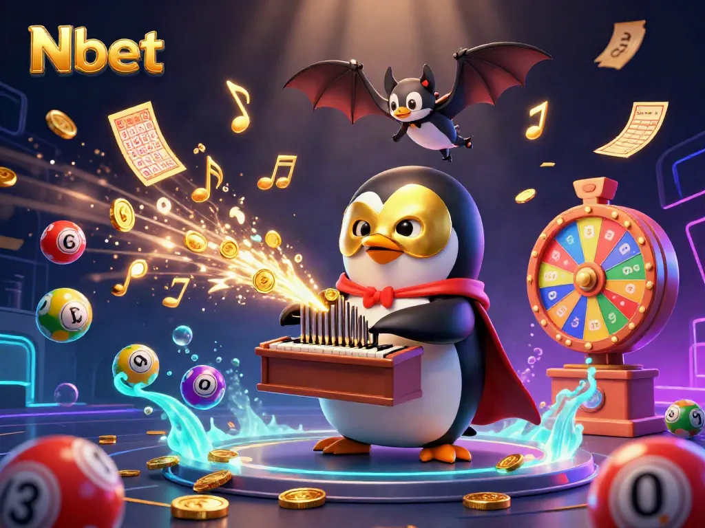 Nbet casino illustration showcasing a whimsical scene with a penguin playing an organ shooting coins, and vibrant lottery elements.